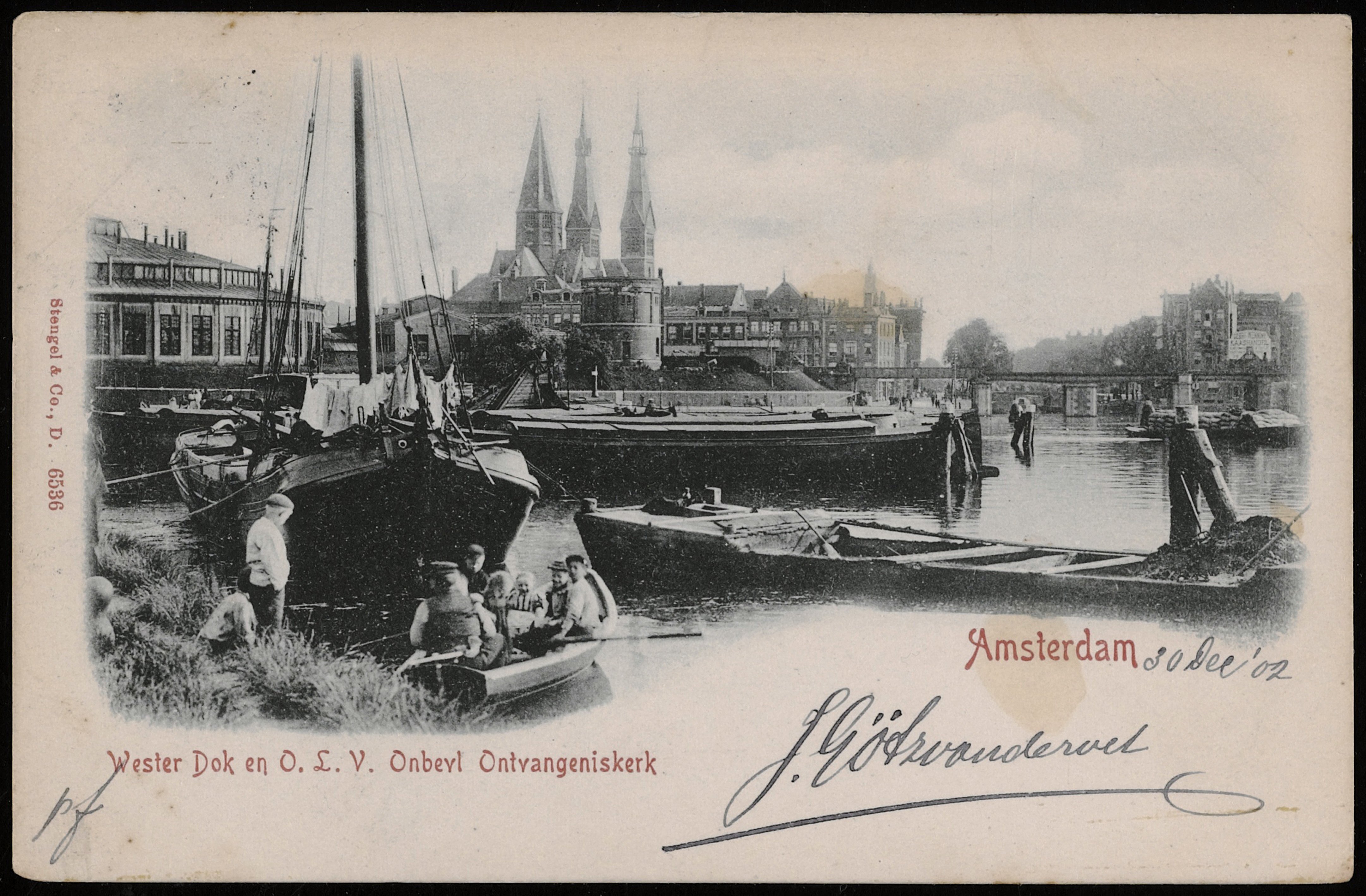 prentbriefkaart uit 1902 met de drie torens van de Posthoornkerk gezien vanaf het Westerdok